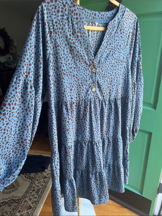 unknown Dresses & Skirts - Blue Printed Long-Sleeve Tiered V-Neck Women's Dress
